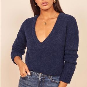 NWT Reformation Amelia Navy V-Neck Sweater